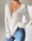 Gray Openwork V-Neck Long Sleeve Sweater