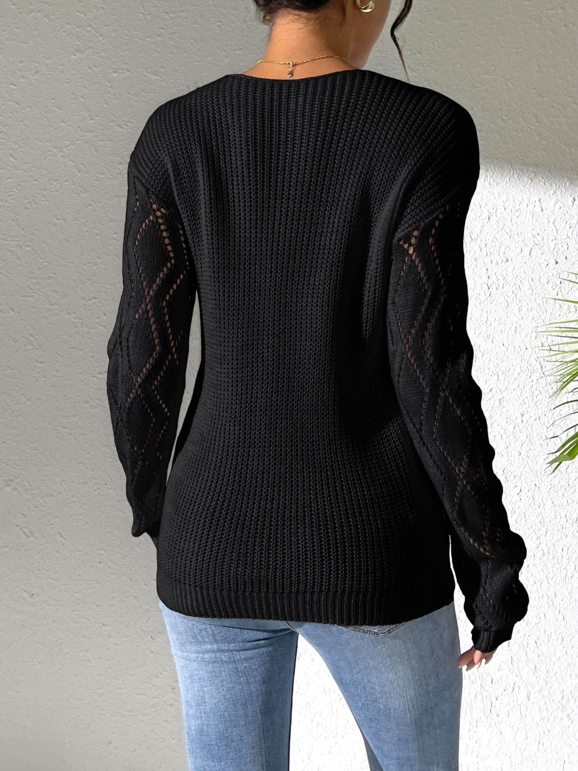 Dark Gray Openwork V-Neck Long Sleeve Sweater