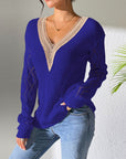 Gray Openwork V-Neck Long Sleeve Sweater