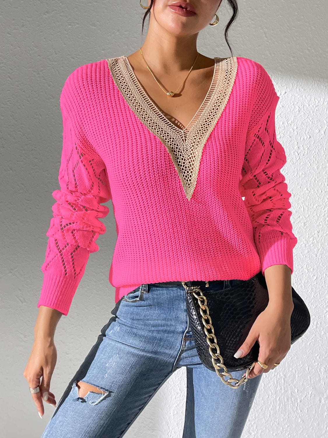 Rosy Brown Openwork V-Neck Long Sleeve Sweater