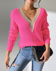 Rosy Brown Openwork V-Neck Long Sleeve Sweater