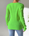 Dark Sea Green Openwork V-Neck Long Sleeve Sweater