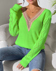 Dark Sea Green Openwork V-Neck Long Sleeve Sweater