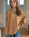 Distressed Striped Round Neck Long Sleeve Sweater