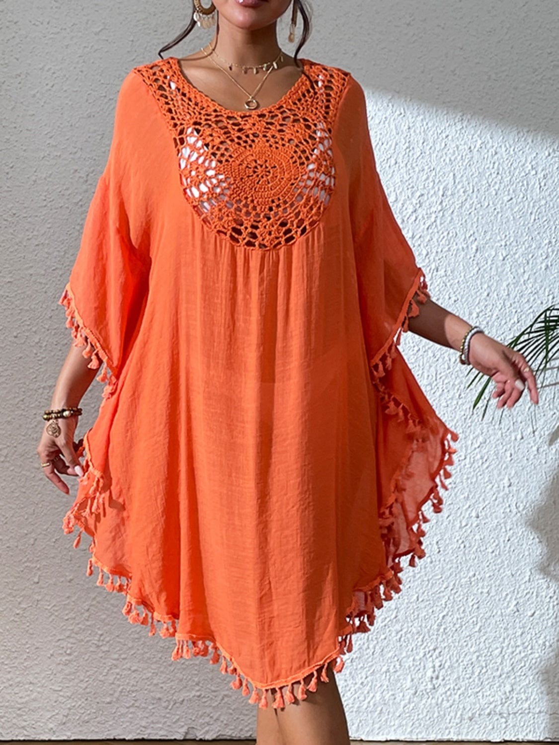 Rosy Brown Tassel Cutout Scoop Neck Cover-Up Dress