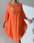 Rosy Brown Tassel Cutout Scoop Neck Cover-Up Dress