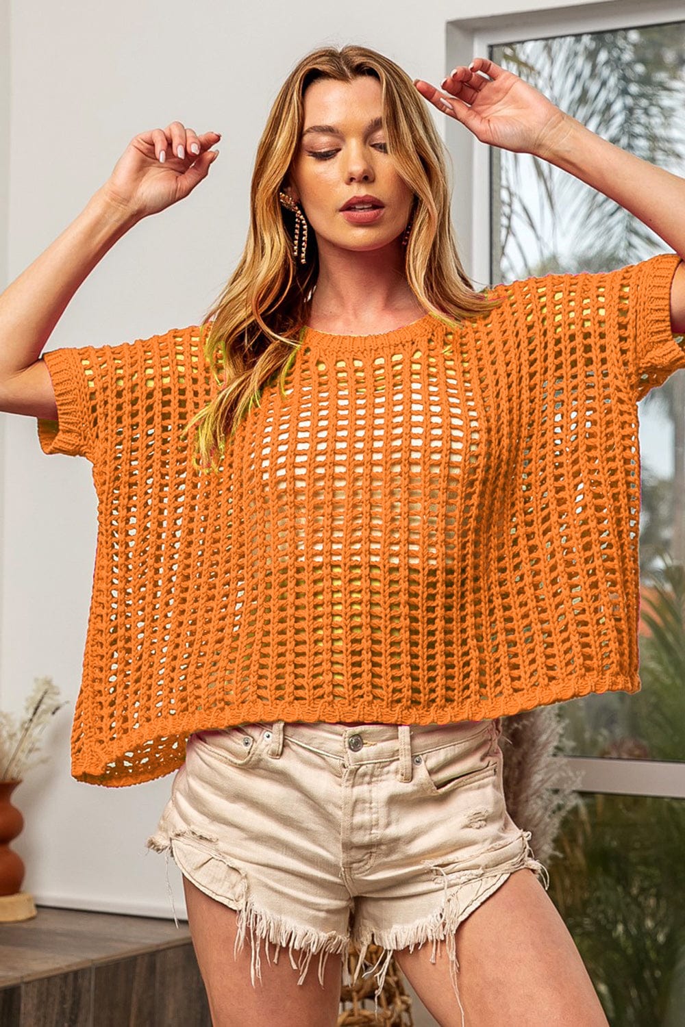 Coral BiBi Hollowed Out Short Sleeve Knit Cover Up