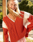 POL Cable Knit Quilting Patch V-Neck Contrast Sweater