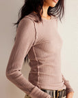 Rosy Brown Exposed Seam Round Neck Long Sleeve T-Shirt