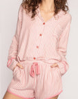 Striped Collared Neck Long Sleeve Top and Shorts Lounge Set