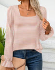 Striped Square Neck Flounce Sleeve Top