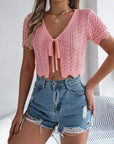 Gray Tied Openwork Short Sleeve Cardigan