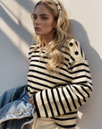 Perfee Striped Round Neck Long Sleeve Knit Top