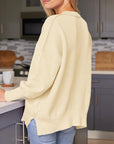 Wheat Slit Round Neck Dropped Shoulder Sweater