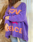 Peace Graphic V-Neck Long Sleeve Sweater