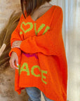 Peace Graphic V-Neck Long Sleeve Sweater