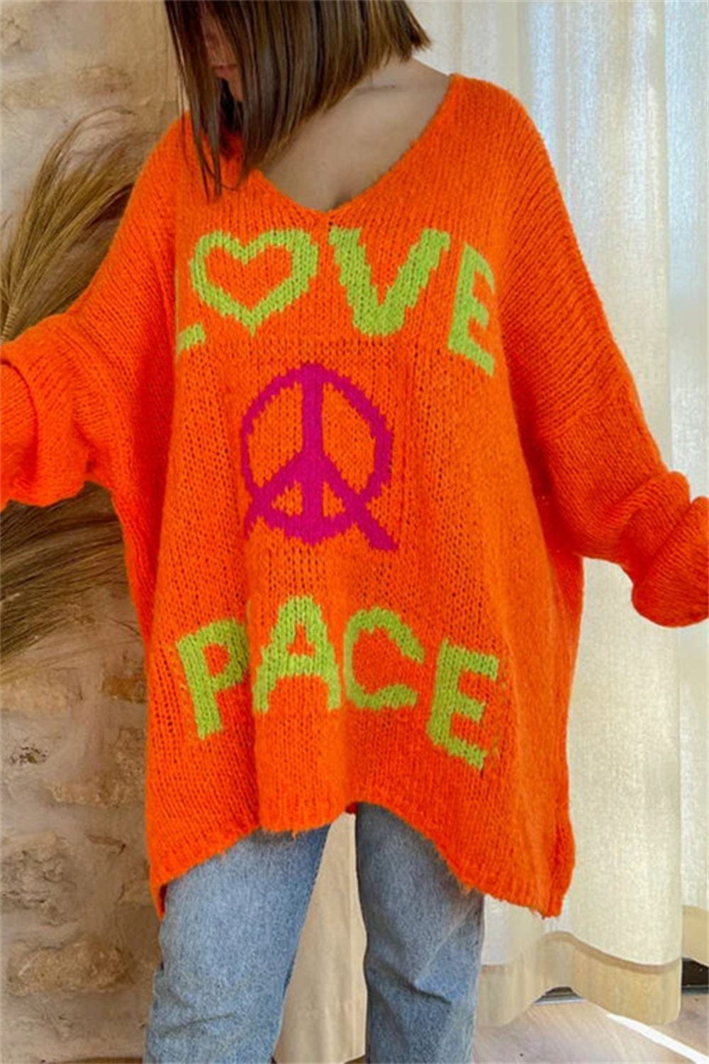 Peace Graphic V-Neck Long Sleeve Sweater