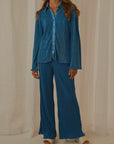 Collared Neck Long Sleeve Top and Pants Lounge Set