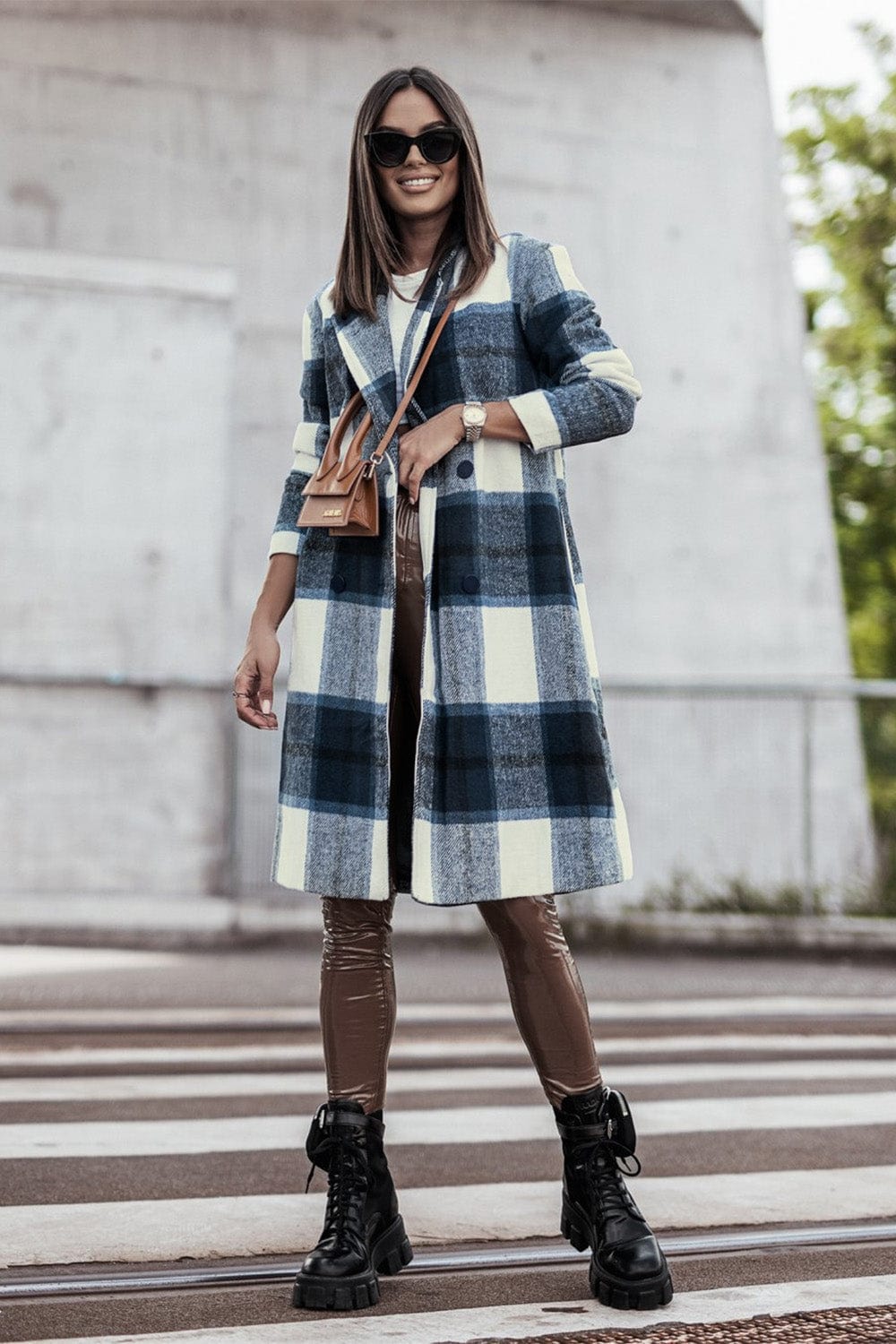 Gray Double Take Full Size Plaid Button Up Lapel Collar Coat