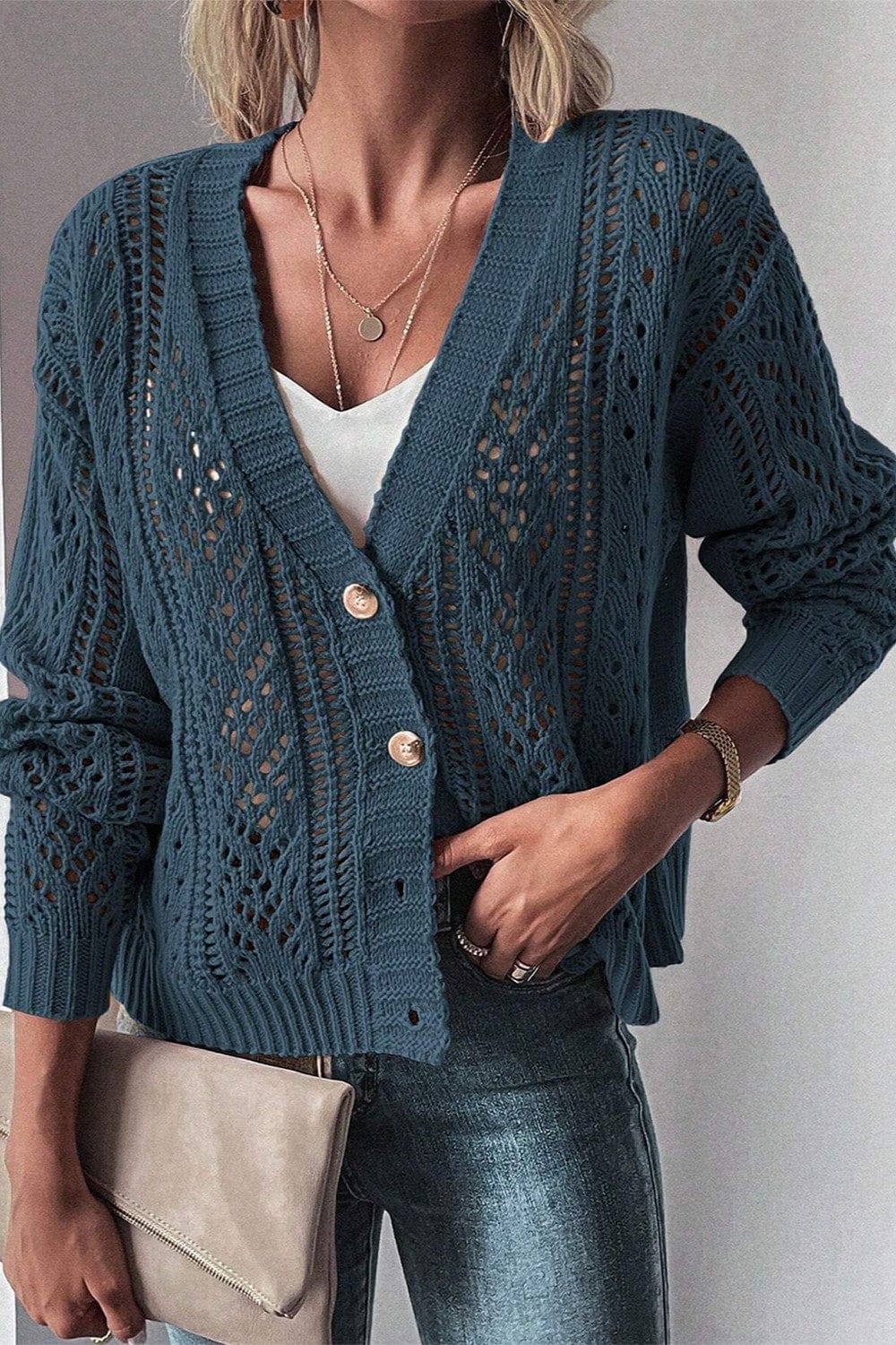 Dark Slate Gray Openwork Button Up Long Sleeve Cardigan