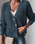 Dark Slate Gray Openwork Button Up Long Sleeve Cardigan