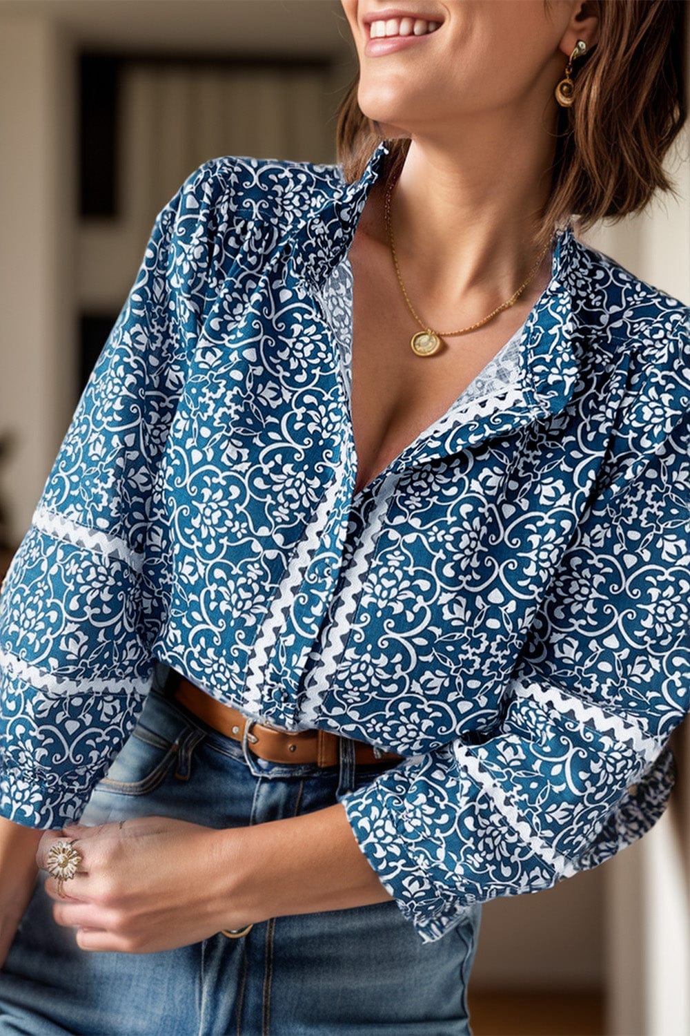 Printed Mock Neck Long Sleeve Blouse