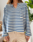 Striped Notched Long Sleeve Top