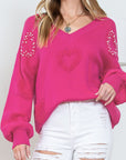 Pearl Trim Heart V-Neck Sweater