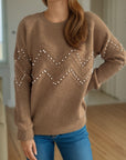 Pearl Trim Round Neck Raglan Sleeve Sweater