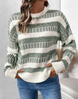 Perfee Contrast Round Neck Long Sleeve Sweater