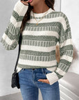 Perfee Contrast Round Neck Long Sleeve Sweater