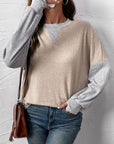 Perfee Contrast Round Neck Long Sleeve T-Shirt