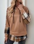 Perfee Drawstring Slit Plaid Long Sleeve Hoodie