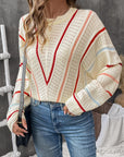 Perfee Eyelet Round Neck Long Sleeve Sweater