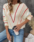 Perfee Eyelet Round Neck Long Sleeve Sweater