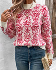 Perfee Flower Round Neck Long Sleeve Sweater