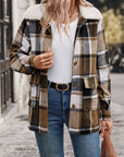 Perfee Pocketed Plaid Button Up Collared Neck Jacket