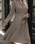 Perfee Printed Mock Neck Flounce Sleeve Dress