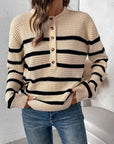 Perfee Striped Half Button Long Sleeve Sweater