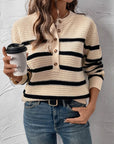 Perfee Striped Half Button Long Sleeve Sweater