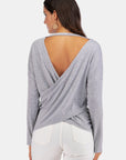 Perfee V-Neck Drop Shoulder Open Back Sweatshirt