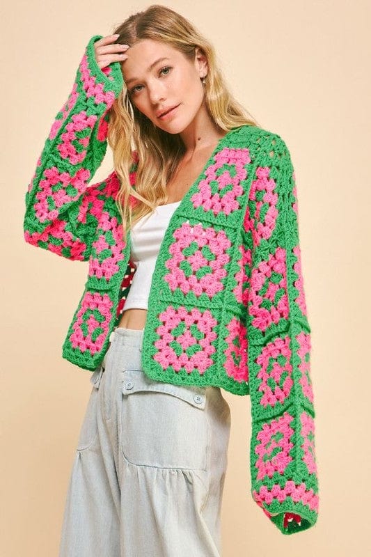 Davi &amp; Dani Full Size Two Tone Flower Square Crochet Open Front Cardigan