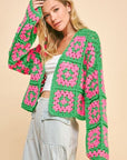 Davi & Dani Full Size Two Tone Flower Square Crochet Open Front Cardigan