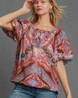 Umgee Full Size Abstract Print Smocked Square Neck Puff Sleeve Blouse