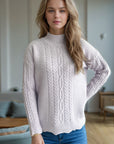 Cable-Knit Mock Neck Dropped Shoulder Sweater