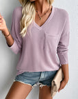 Double Take Pocketed Textured V-Neck Long Sleeve T-Shirt