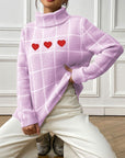 Heart Plaid Turtleneck Long Sleeve Sweater