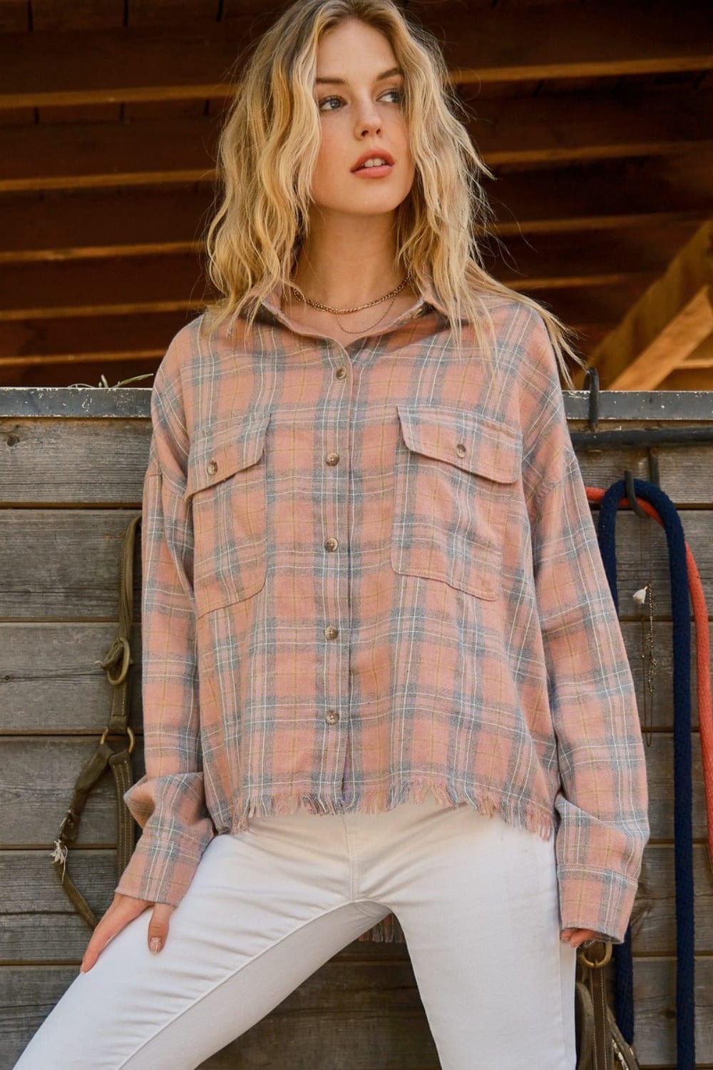 Rosy Brown And The Why Full Size Plaid Button Up Raw Hem Shirt