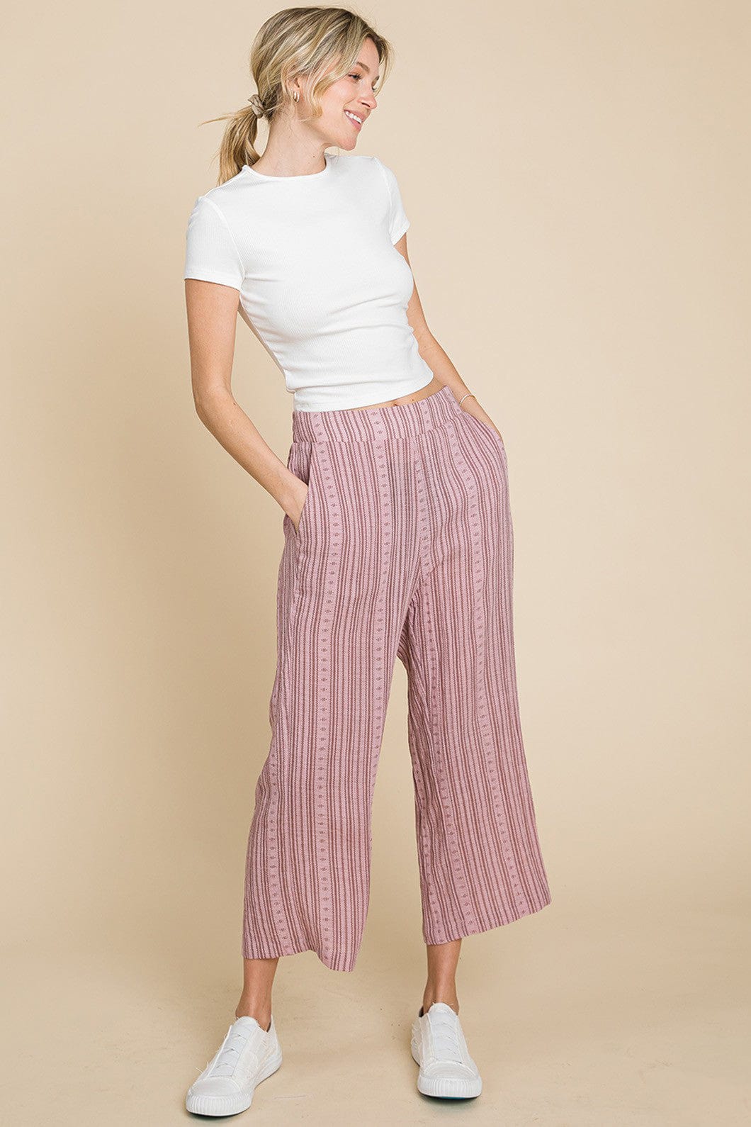 Gray Cotton Bleu by Nu Lab Striped Elastic Waist Wide Leg Pants