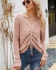 Waffle-Knit Drawstring Detail V-Neck Sweater